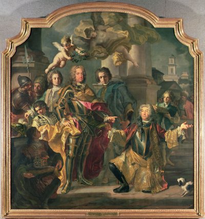 Gundaker hrabia Althann przekazujący cesarzowi Karolowi VI (1685-1740) inwentarz Cesarskiej Kolekcji Obrazów w Stallburgu (1685-1740) głowy cesarza autorstwa Francesco Solimena