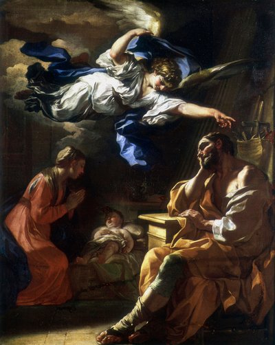 "Sen Józefa", "Józef i anioł" lub "Sen świętego Józefa". Obraz Francesco Solimena (1657-1747) 1696-1697 Paryż, Muzeum Luwru autorstwa Francesco Solimena
