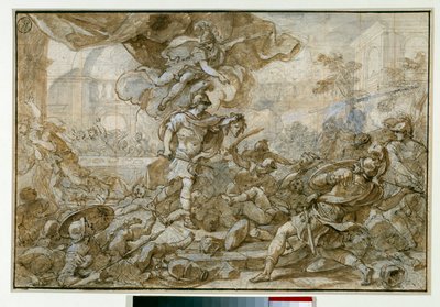 Mitologia: "" Persejska broń głowy Meduzy zamienia się w kamień Phinee i jego żołnierze "" Rysunek Francesco Solimena dit l "Abbate Ciccio ou l" Abbe Ciccio autorstwa Francesco Solimena