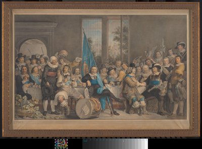 Posiłek strzelca w celach Voetboog (St. Joris) w Amsterdamie, z okazji zawarcia pokoju w Munster, 18 czerwca 1648 r. autorstwa Francesco Tozelli (signed by artist)