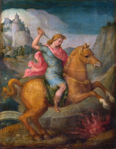 ""Marcus Curtius"" Dzielny Marek Curtius, obywatel rzymski, poświęca się rzymskim bogom rzucając się w przepaść na forum w 362 rpne - Obraz Francesco Ubertiniego lub Francesco d