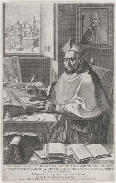 Kardynał Roberto Bellarmino przy swoim biurku, pisanie, 1604. autorstwa Francesco Villamena