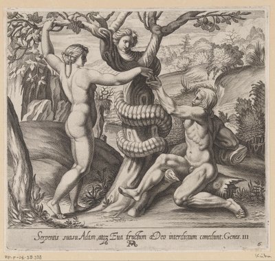 Ewa ofiarowuje Adamowi zakazany owoc Obrazy w loggii Rafaela (tytuł serii) La Sacra Genesi (tytuł serii) autorstwa Francesco Villamena