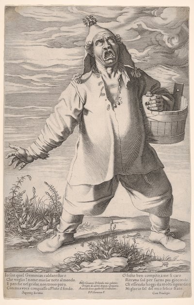 Geminiano Caldarosto wołający i trzymający wannę, z czapką z chwostem, ok. godz. 1597-1601. autorstwa Francesco Villamena
