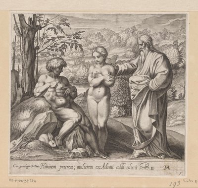 Bóg stwarza mężczyznę i kobietę Obrazy w loggii Rafaela (tytuł serii) La Sacra Genesi (tytuł serii) autorstwa Francesco Villamena
