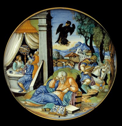 Niska nogawka: Alegoria przeznaczenia. Fajans. Wykonane przez Francesco Avelli Xanto (aktywne około 1530/1540) autorstwa Francesco Xanto Avelli