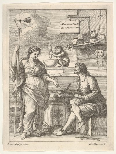 Małpa pracująca w moździerzu i tłuczkiem, poniżej Lorenzo Lippi piszący swoje humorystyczne…, ok. godz. 1710-64. autorstwa Francesco Zuccarelli