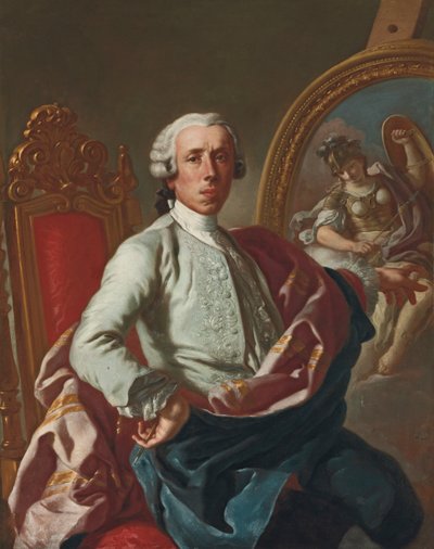 Portret artysty, długości 3/4, siedzącego, trzymającego ołówek, przy sztalugach z wizerunkiem Minerwy autorstwa Francesco de Mura
