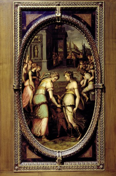 Juno pożycza pas Wenus, 1572 (olej na łupku) autorstwa Francesco del Coscia