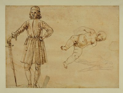 Siedzące dziecko; stojący mężczyzna trzymający miecz ... autorstwa Francesco di Simone (attr. to)
