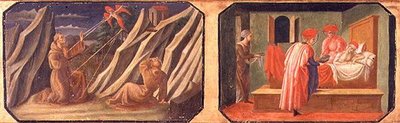 (Ltor) Stygmatyzacja św. Franciszka z Asyżu, Św. Kosma i Damian uzdrawiają chorego człowieka; kopie oryginalnych paneli stanowiących część Predelli do Madonny z Dzieciątkiem na tronie Filippo Lipp autorstwa Francesco di Stefano Pesellino