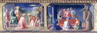 (Ltor) Męczeństwo SS. Kosmas i Damian, św. Antoni Padewski odnajdujący Serce Skąpiec; dwa panele predelli Madonny z Dzieciątkiem na tronie Filippo Lippiego (ok. 1406-69) (tempera na patelni autorstwa Francesco di Stefano Pesellino