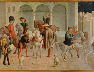 Kawalerzyści w sali sądowej Gualtieri di Saluzzo (tempera na drewnie) autorstwa Francesco di Stefano Pesellino