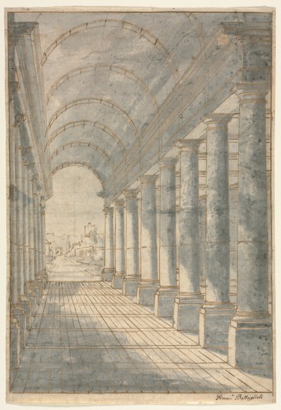 Arkada ze sklepieniem beczkowym renderowana w perspektywie, XVIII wiek. autorstwa Francessco Battaglioli
