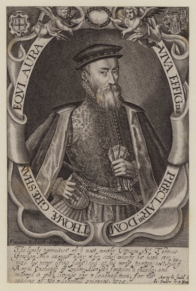 Sir Thomas Gresham, angielski kupiec i finansista, założyciel Royal Exchange (grafika) autorstwa Francis (after) Delaram