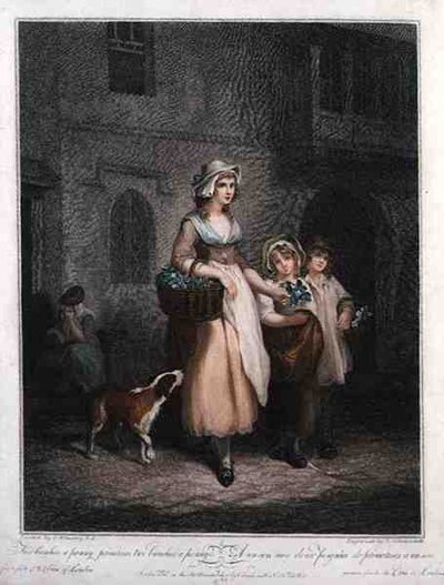 „Dwa pęczki za grosz, pierwiosnki, dwie pęczki za grosz”, płyta 1 „The Cries of London”, grawerowana przez Luigiego Schiavonettiego (1765-1810), wyd. przez Colnaghi & Co. autorstwa Francis (after) Wheatley