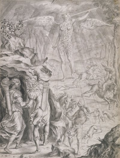 Dydona i Eneasz schronienie w jaskini (pranie na papierze) autorstwa Francis Cleyn