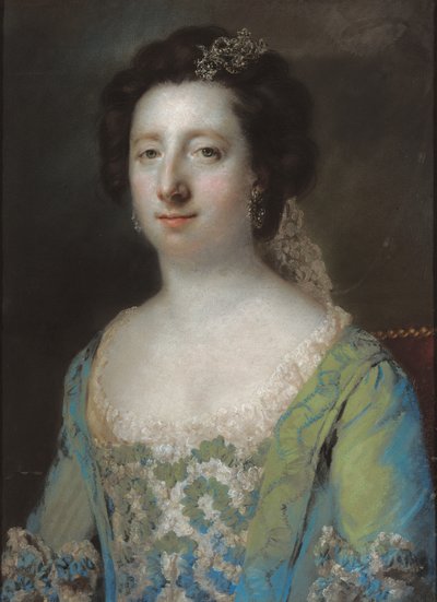 Portret Hon. Pani Bridget Gunning, połowa długości, w niebieskiej marszczonej sukni, 1758 autorstwa Francis Cotes