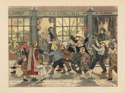 Sklep z fajerwerkami - wiktoriańskie dzieci ciągnące Guya na wózku w noc Guya Fawkesa przed sklepem z fajerwerkami L. Squiblinga. Chromolitografia według ilustracji Francisa Donkina Bedforda z "The Book of Shops" Edwarda Verralla Lucasa. autorstwa Francis Donkin Bedford