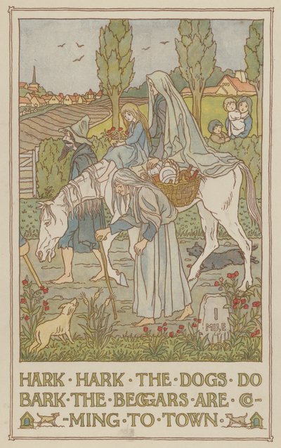 Hark hark psy szczekają żebracy przybywają do miasta (kolorowa litografia) autorstwa Francis Donkin Bedford
