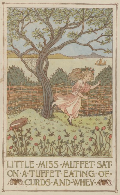 Mała Miss Muffet siedzi na pufie i je twaróg i serwatkę (kolorowa litografia) autorstwa Francis Donkin Bedford