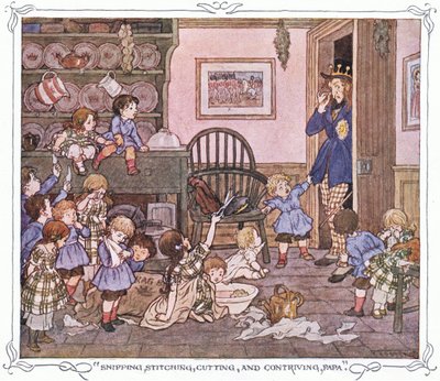 "Snipping, stitching, cutting and contriving, Papa", z książki "The Magic Fishbone" wydanej przez Warne  Co, ok. 1940 r. (kolorowa litografia) autorstwa Francis Donkin Bedford