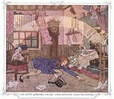 Królewska pensja spadła z hukiem z komina, z książki The Magic Fishbone wydanej przez Warne  Co, ok. 1940 r. (kolorowa litografia) autorstwa Francis Donkin Bedford