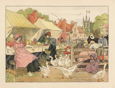 Wiktoriańskie dzieci kupujące warzywa, goniące gęsi i szturchające świnie na wiejskim targu. Chromolitografia według ilustracji Francisa Donkina Bedforda z "Księgi sklepów" Edwarda Verralla Lucasa. autorstwa Francis Donkin Bedford