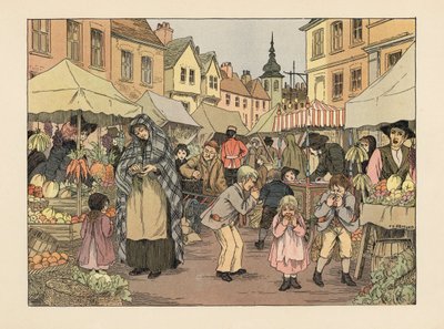 Wiktoriańskie dzieci jedzące groszowe pomarańcze ze straganów z owocami i warzywami na targu w londyńskiej dzielnicy East End. Chromolitografia według ilustracji Francisa Donkina Bedforda z "The Book of Shops" Edwarda Verralla Lucasa. autorstwa Francis Donkin Bedford