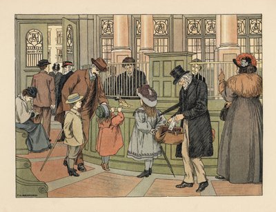 Wiktoriańska rodzina w banku wypłacająca pieniądze od kasjera za pomocą odcinków bankowych. Chromolitografia według ilustracji Francisa Donkina Bedforda z "The Book of Shops" Edwarda Verralla Lucasa. autorstwa Francis Donkin Bedford