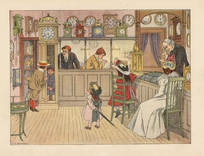 Wiktoriańska rodzina u zegarmistrza. Dzieci bawiące się w zegarze dziadka, podczas gdy urzędnik naprawia zegarek. Chromolitografia według ilustracji Francisa Donkina Bedforda z "The Book of Shops" Edwarda Verralla Lucasa. autorstwa Francis Donkin Bedford