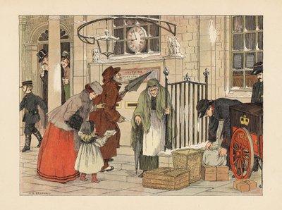 Wiktoriańscy ludzie nadający listy na poczcie w okolicach Bożego Narodzenia. Chromolitografia na podstawie ilustracji Francisa Donkina Bedforda z "The Book of Shops" Edwarda Verralla Lucasa. autorstwa Francis Donkin Bedford