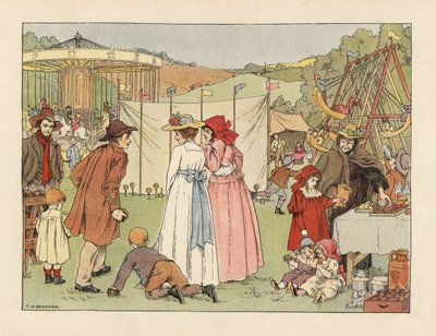 Wiktoriańska młodzież w nieśmiałym kokosie, dzieci na huśtawkach i karuzeli na wiejskim jarmarku. Chromolitografia według ilustracji Francisa Donkina Bedforda z "The Book of Shops" Edwarda Verralla Lucasa. autorstwa Francis Donkin Bedford
