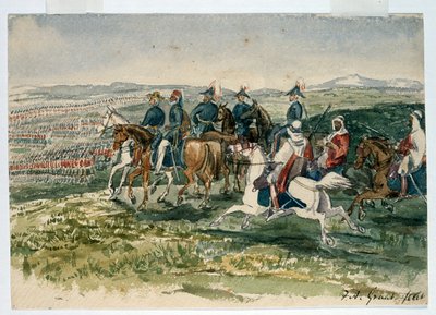 Gwardia i Górale przyjęci przez Omara Paszy i marszałka St Arnauda dowodzonego przez księcia Cambridge w Aladyn, 6 lipca 1854 autorstwa Francis Grant