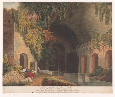 Dwóch artystów w Nymphaeum of Egeria w parku Caffarella pod Rzymem Widok Fontanny Egerii koło Rzymu (tytuł na obiekcie) autorstwa Francis Jukes