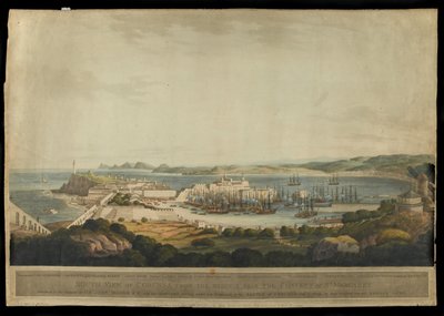 Widok południowy Coruny ze wzgórz w pobliżu klasztoru św. Małgorzaty sztychowany przez H. Merke, opublikowany w 1809 r. (akwatinta kolorowa) autorstwa Francis Lee