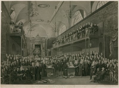 Wnętrze Izby Lordów, Westminster, Londyn, podczas ważnego śledztwa w 1820 r. autorstwa Francis Phillip Stephanoff