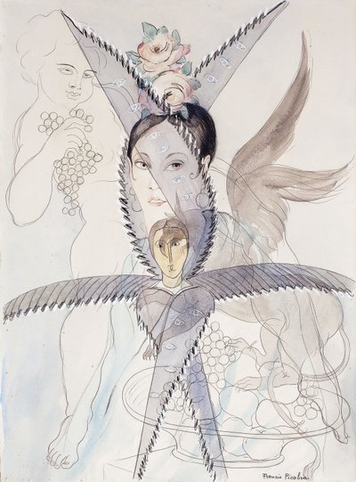 Transparencja - Głowa i skrzydlaty koń; Transparence - Tete et Cheval Aile, ok. 1928 (akwarela, gwasz, czarna kreda i ołówek na papierze) autorstwa Francis Picabia