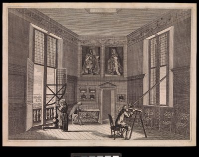 Trzy postacie korzystające ze sprzętu astronomicznego w Wielkiej Sali Gwiezdnej lub Ośmiokątnej Sali w Królewskim Obserwatorium, ok. 1676 r. (rycina) autorstwa Francis Place