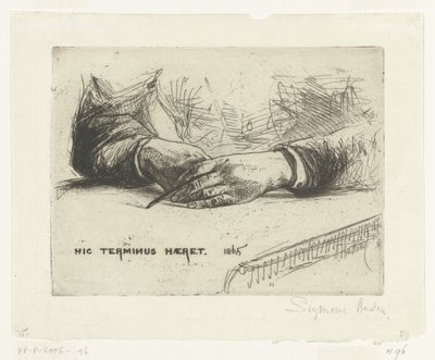 Dwie ręce, rysowanie kredą Ręce trzymające kredkę Hic Terminus Haeret (tytuł na obiekcie) autorstwa Francis Seymour Haden (Sir) (signed by artist)
