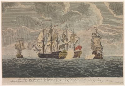 Dzielny kapitan Tyrrel na "Buckingham" z 66 działami i 472 ludźmi pokonał "Florissant", "Aigrette" i "Atlante", trzy francuskie okręty wojenne, 3 listopada 1758 r. autorstwa Francis Swaine