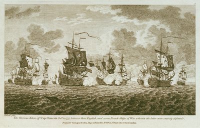 Dwanaście rycin przedstawiających starcia morskie. Chwalebna akcja u przylądka Francois 21 października 1757 r. między Anglikami a siedmioma francuskimi okrętami wojennymi, w której te ostatnie zostały całkowicie pokonane. (Akwaforta) autorstwa Francis Swaine
