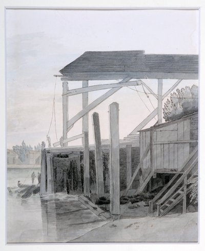 A Wharf, ok. 1800 (pióro i tusz z akwarelą na papierze) autorstwa Francis Towne