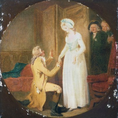 Akt V, Scena III spektaklu Ona pochyla się, by zwyciężyć Olivera Goldsmitha (1730-1774) autorstwa Francis Wheatley