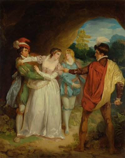 Valentine ratujący Sylvię przed Proteusem, z „Dwóch panów z Werony” Szekspira, akt V, scena 4, jaskinia banitów autorstwa Francis Wheatley