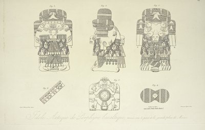 Aztecki posążek porfiru bazaltowego, znaleziony pod Grand Plaza w Mexico City, grawerowany przez Cloquet, ilustracja z „Widoki na Kordyliery i pomniki ludów tubylczych Ameryki” autorstwa Alexandra von Humboldta i Aime Bonplanda autorstwa Francisco Aguera Bustamante