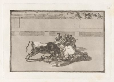 Upadek pikadora z konia poniżej byka (Picador jest bez konia i spada pod bykiem), płyta 26 z La tauromaquia autorstwa Francisco de Goya