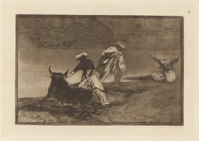 Capean otro encerrado (Bawią się innym z przylądkiem w zagrodzie), płyta 4 z La tauromaquia autorstwa Francisco de Goya
