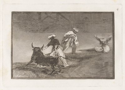 Capean otro encerrado (Bawią się innym z przylądkiem w zagrodzie), płyta 4 z La tauromaquia autorstwa Francisco de Goya