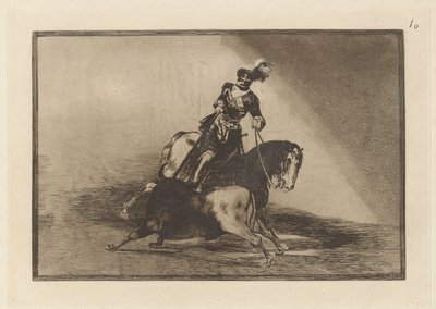 Carlos V. Przebijający byka na Plaza de Valladolid (Charles V. Przebijający byka na ringu w Valladolid), płyta 10 z La tauromaquia autorstwa Francisco de Goya
